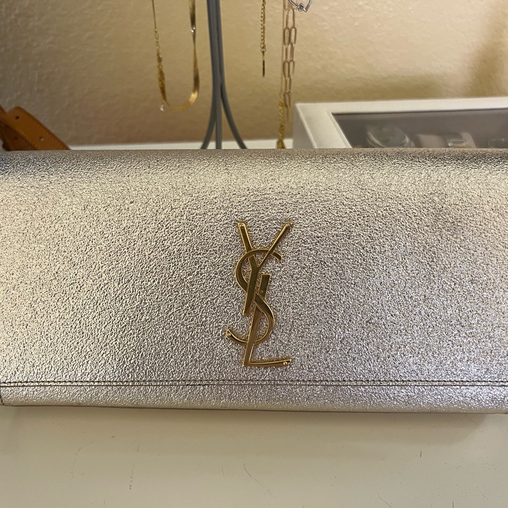 Yves Saint Laurent Silver Wallet with Gold Logo